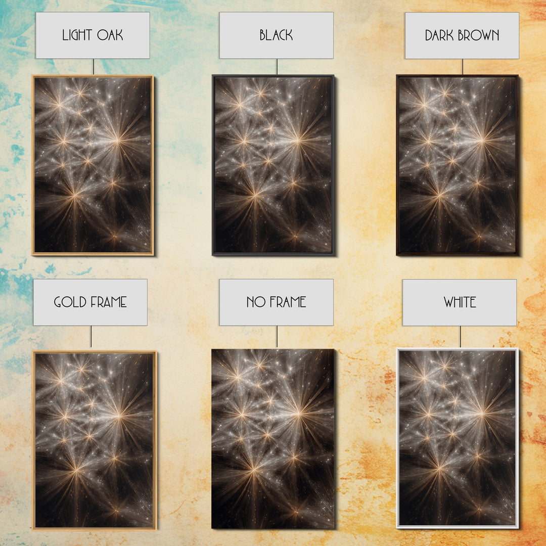 Golden Cosmic Starburst Network Framed Canvas Print, Space Abstract Art, Modern Wall Art, Statement Wall Decor, Luxury Home Decor