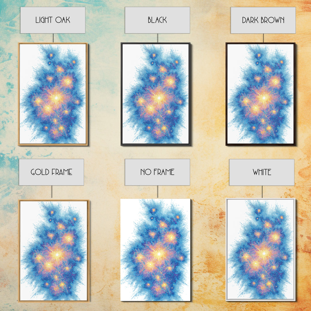 Blue Gold Particle Burst Abstract Wall Art, Modern Digital Art Print, Space Abstract Art, Colorful Poster, Home Office Decor
