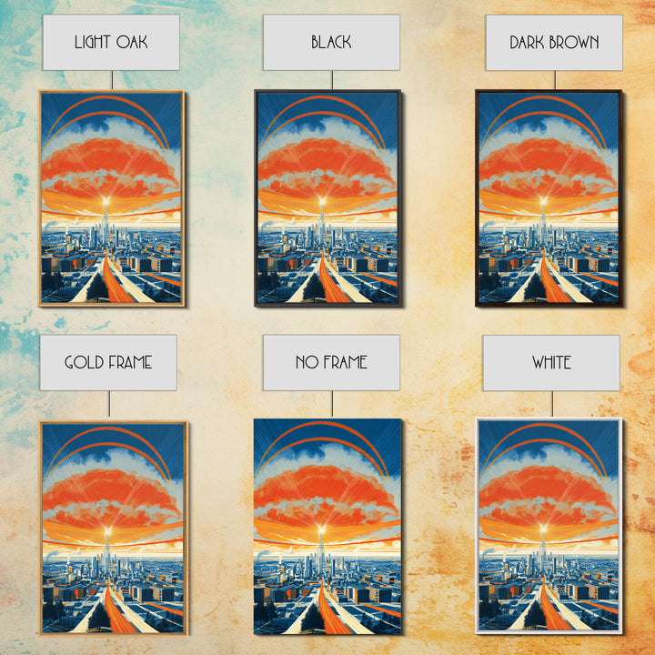 Retro Futurist City Sunset Wall Art, Orange Blue Midcentury Modern Poster, Architectural Art, Travel Wall Decor, Large Print