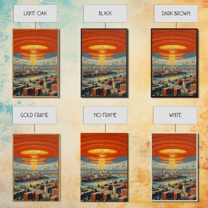 Retro Futuristic City With Orange Saucer Beam, Canvas Print, Mid Century Modern Wall Art, Sci Fi Poster, Atomic MCM Decor