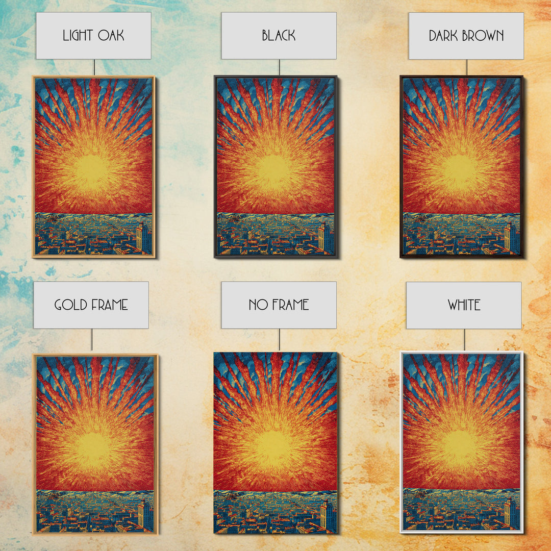 Fiery Solar Burst Over City Skyline, Wall Art, Mid Century Modern Art Print, Retro Sci Fi Poster, Atomic Orange Home Decor