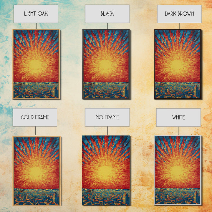 Fiery Solar Burst Over City Skyline, Wall Art, Mid Century Modern Art Print, Retro Sci Fi Poster, Atomic Orange Home Decor