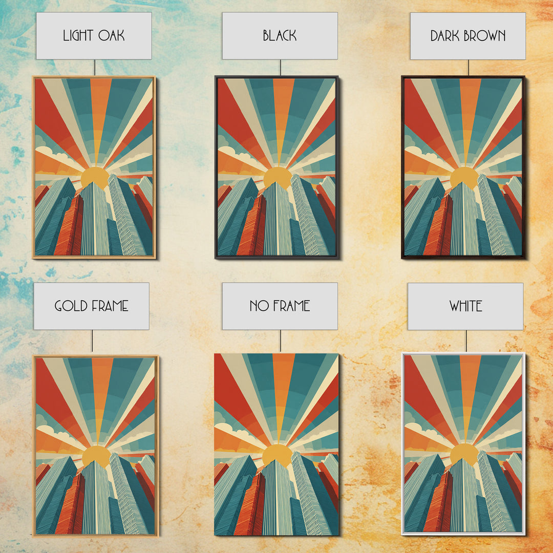 Low Angle Skyscrapers With Radiant Sun, Canvas Print, Mid Century Modern Wall Art, Geometric Poster, Retro Office Decor Print