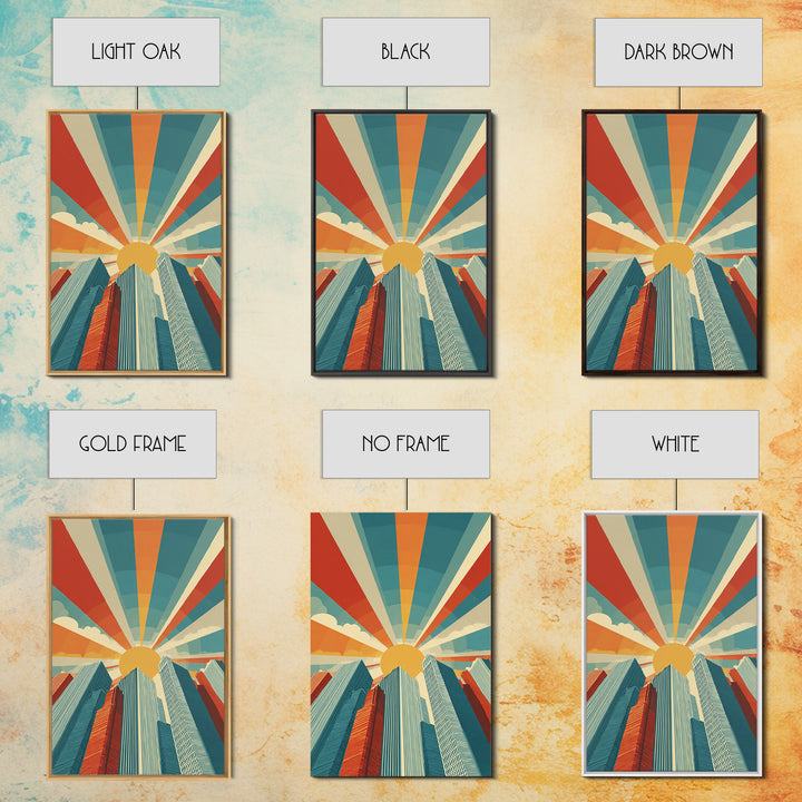 Low Angle Skyscrapers With Radiant Sun, Canvas Print, Mid Century Modern Wall Art, Geometric Poster, Retro Office Decor Print