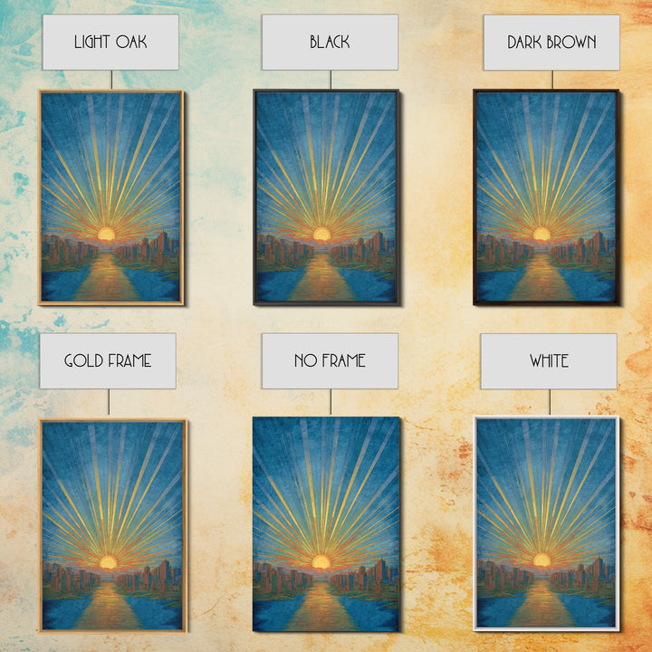 Blue River Sunset Over Modern City Skyline, Wall Art, Mid Century Modern Art Print, Retro Sun Poster, Teal Orange Decor