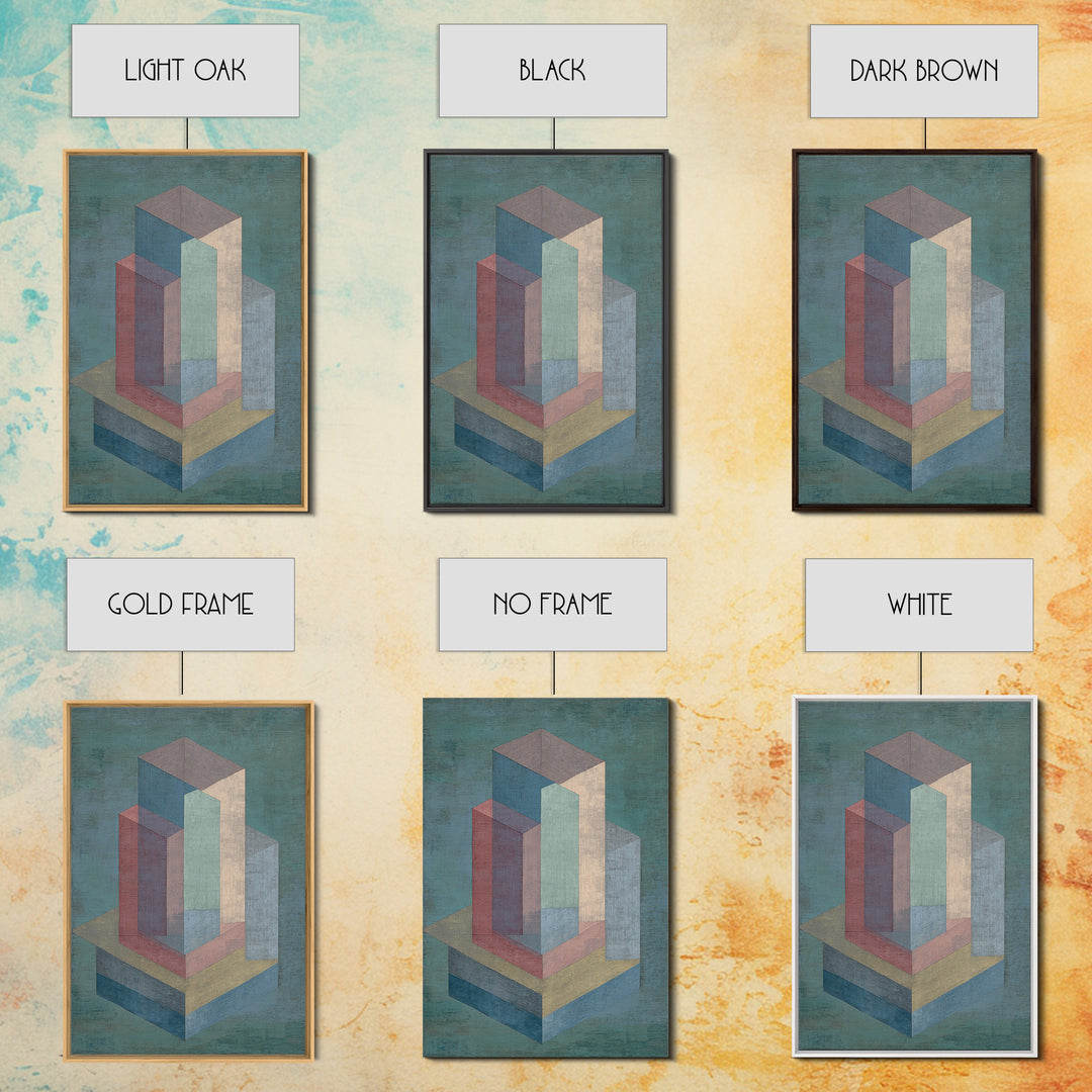 Teal Isometric Blocks Framed Canvas Print, Midcentury Modern Geometric Wall Art, Pastel Architecture Decor, MCM Artwork Print