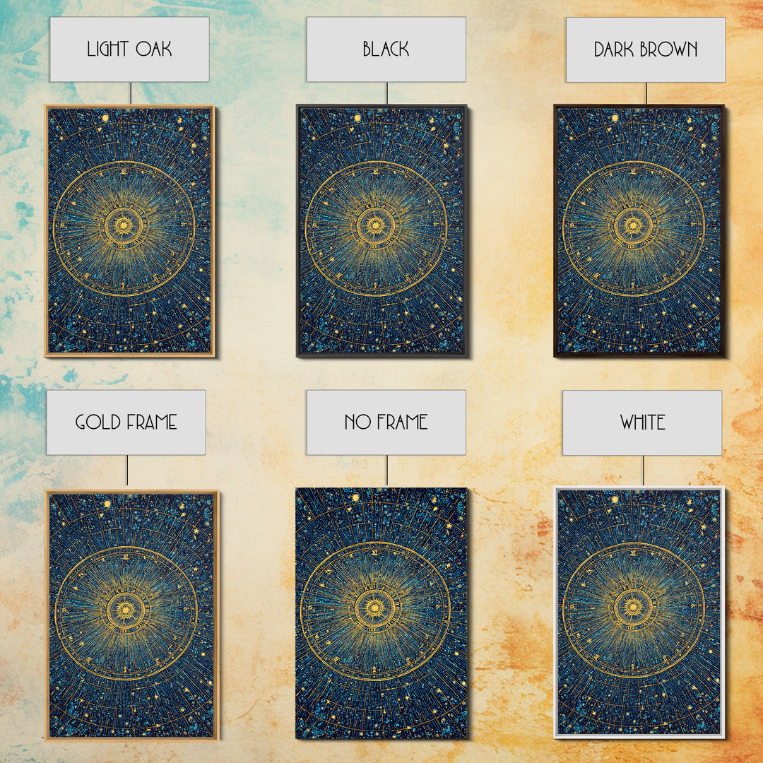 Gold Zodiac Star Chart Wall Art, Celestial Astronomy Poster, Cosmic Midcentury Modern Art Print, Navy Blue Home Decor Gift