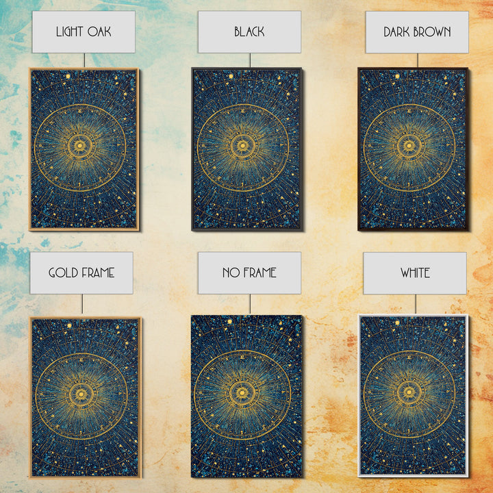 Gold Zodiac Star Chart Wall Art, Celestial Astronomy Poster, Cosmic Midcentury Modern Art Print, Navy Blue Home Decor Gift