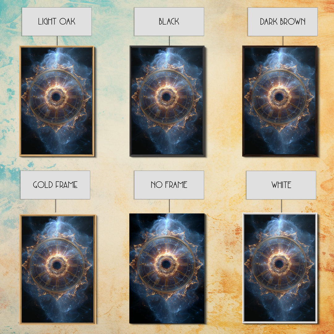 Glowing Cosmic Zodiac Clock Framed Canvas Print, Nebula Space Wall Art, Astrology Poster, Luxury Celestial Home Decor Gift