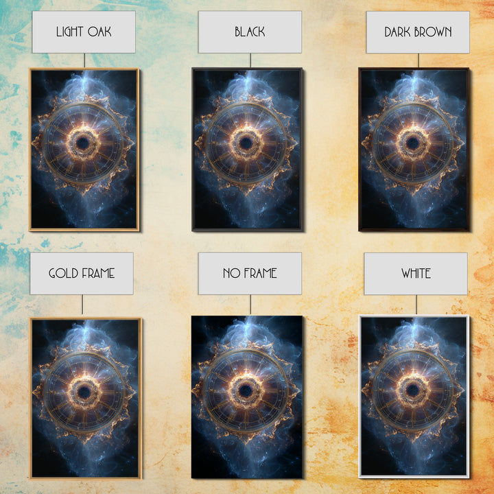 Glowing Cosmic Zodiac Clock Framed Canvas Print, Nebula Space Wall Art, Astrology Poster, Luxury Celestial Home Decor Gift