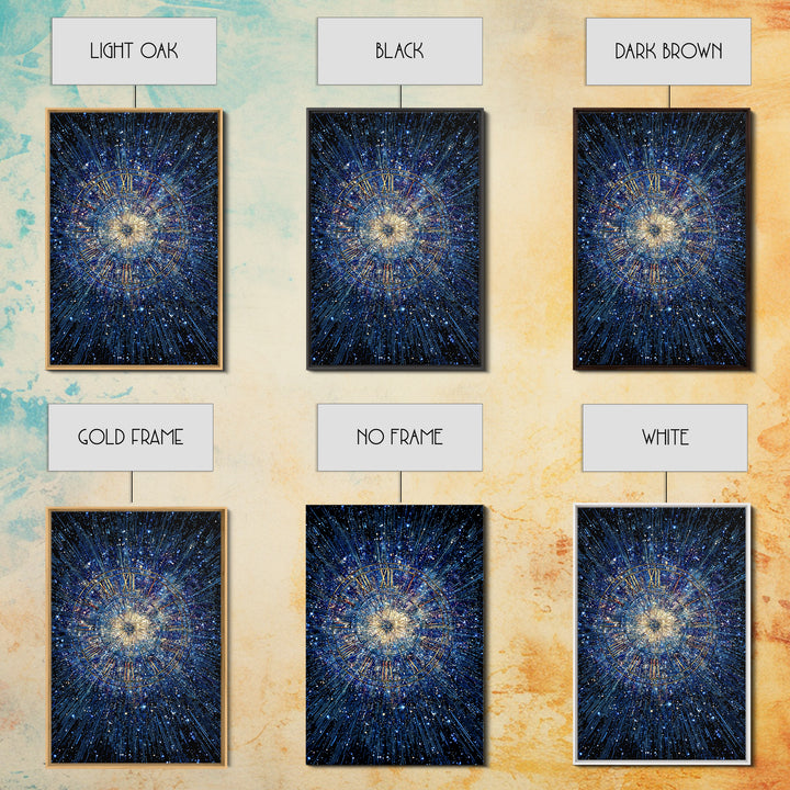 Blue Galaxy Roman Numeral Clock Canvas Print, Celestial Space Wall Art, Cosmic Starburst Poster, Modern Home Office Decor