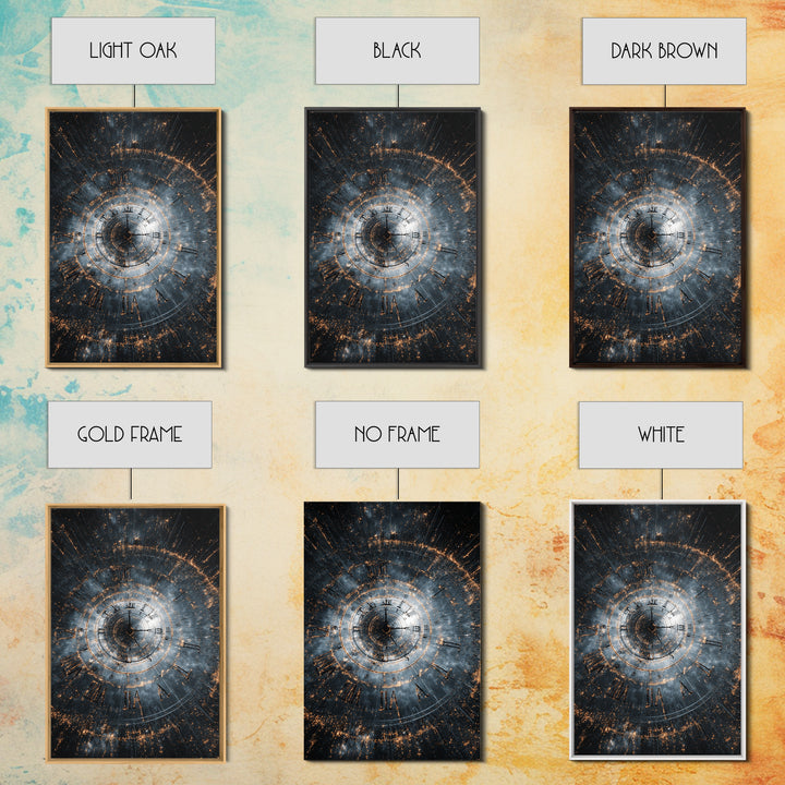Smoky Spiral Time Clock Wall Art, Roman Numeral Galaxy Poster, Cosmic Framed Canvas Print, Dark Modern Office Decor Gift
