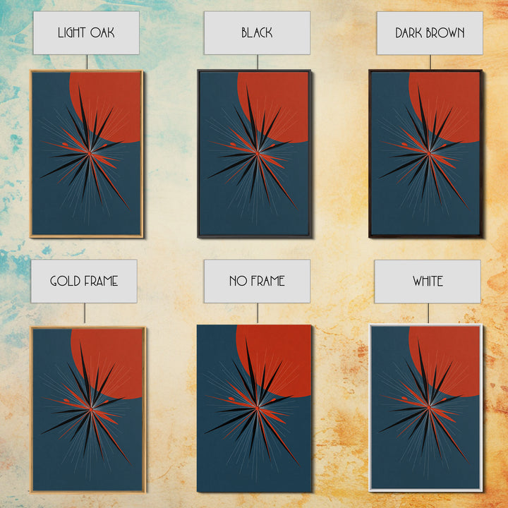 Red Sun Atomic Starburst Wall Art, Midcentury Modern Art, Retro Modern Poster, Blue Orange Abstract Print, Mcm Wall Decor