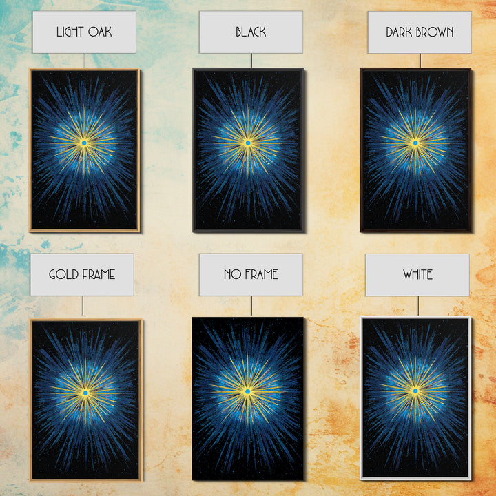 Blue Yellow Cosmic Starburst Wall Art, Space Abstract Art, Modern Digital Art, Retro Sci Fi Poster, Kids Room Decor, Large Print