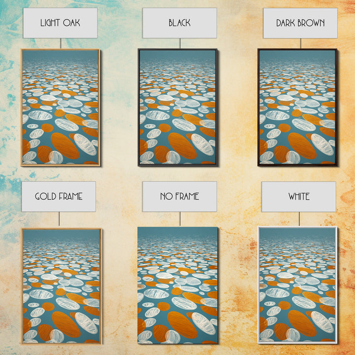 Orange White Floating Pebble Wall Art, Modern Abstract Art Print, Retro Geometric Decor, Blue Coastal Perspective Poster