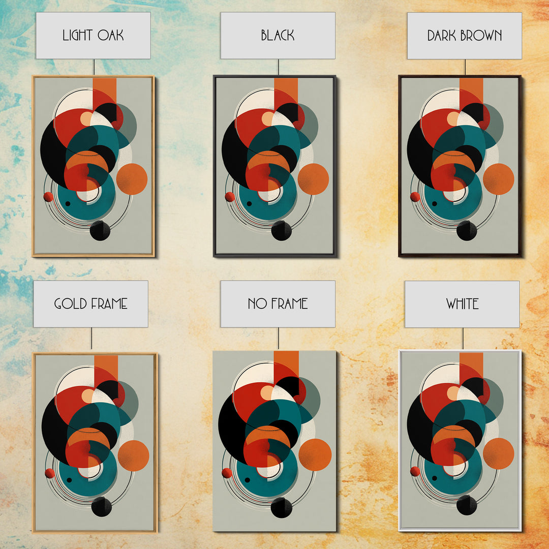Orange Teal Geometric Circles Framed Canvas Print, Midcentury Modern Wall Art, Bauhaus Abstract Decor, Retro Home Decor Print