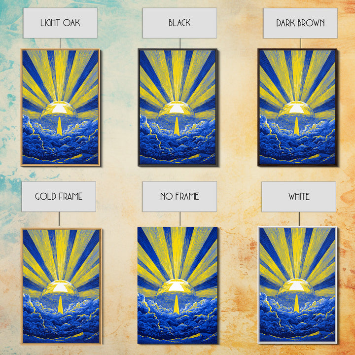 Blue Yellow Celestial Sunburst Canvas Print, Mid Century Modern Wall Decor, Abstract Sun Rays, Cosmic Retro Poster For Living Room