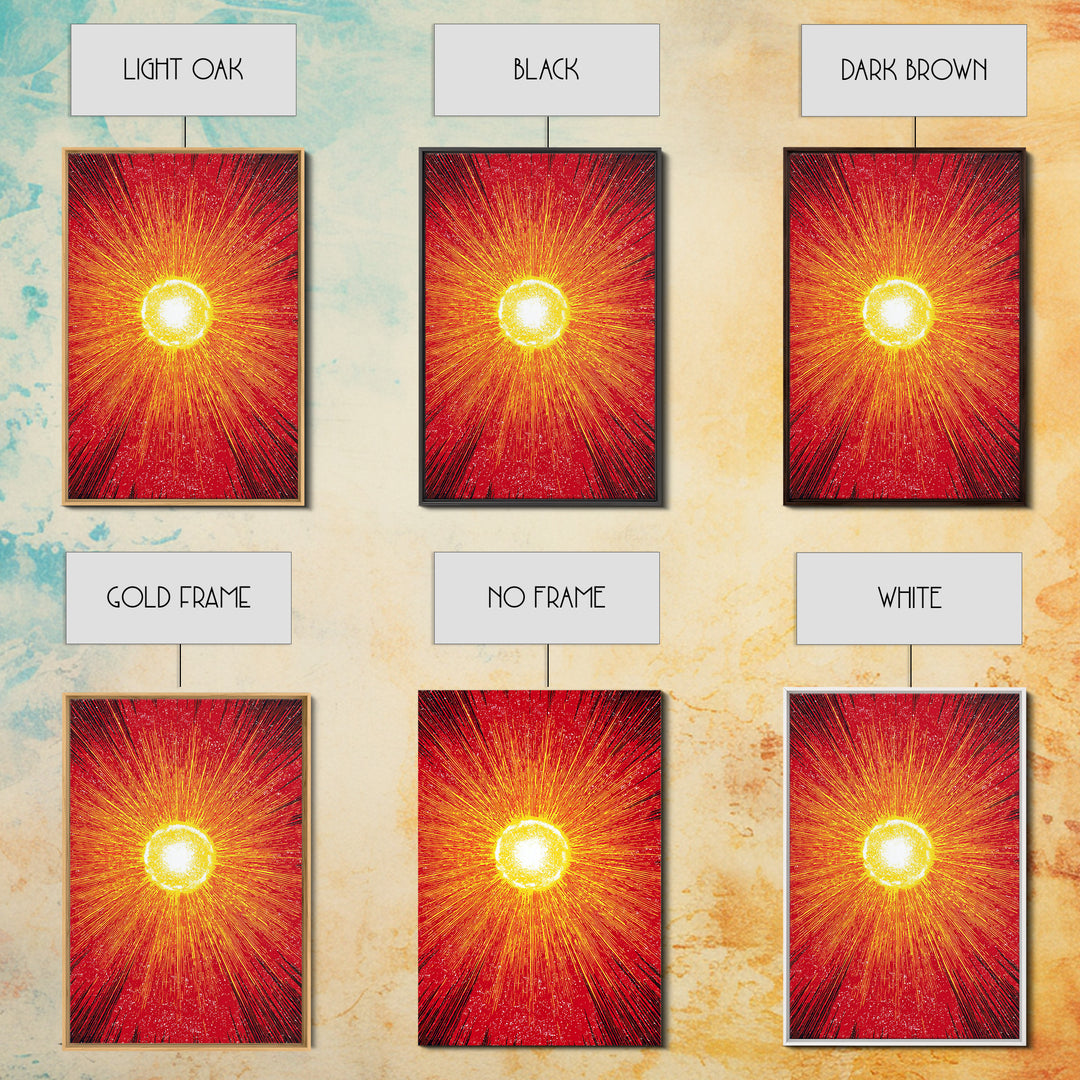 Blazing Red Solar Sun Wall Art, Mid Century Modern Abstract Poster, Orange Yellow Energy Rays, Atomic Retro Decor Print Gift