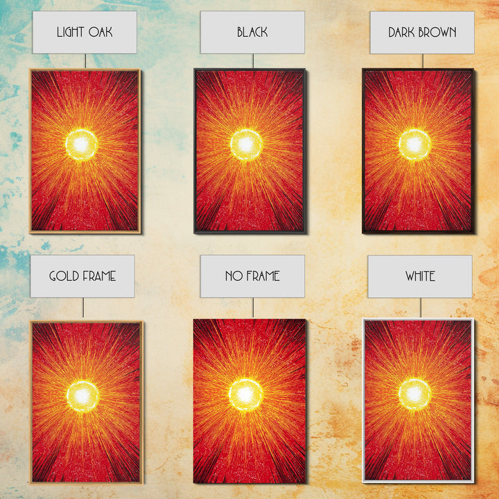 Blazing Red Solar Sun Wall Art, Mid Century Modern Abstract Poster, Orange Yellow Energy Rays, Atomic Retro Decor Print Gift