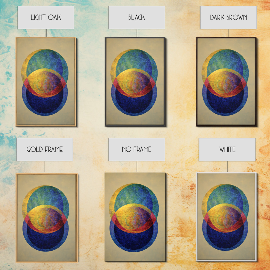 Overlapping Circle Geometry Framed Canvas Print, Mid Century Modern Abstract Wall Art, Colorful Bauhaus Decor, Textured Poster