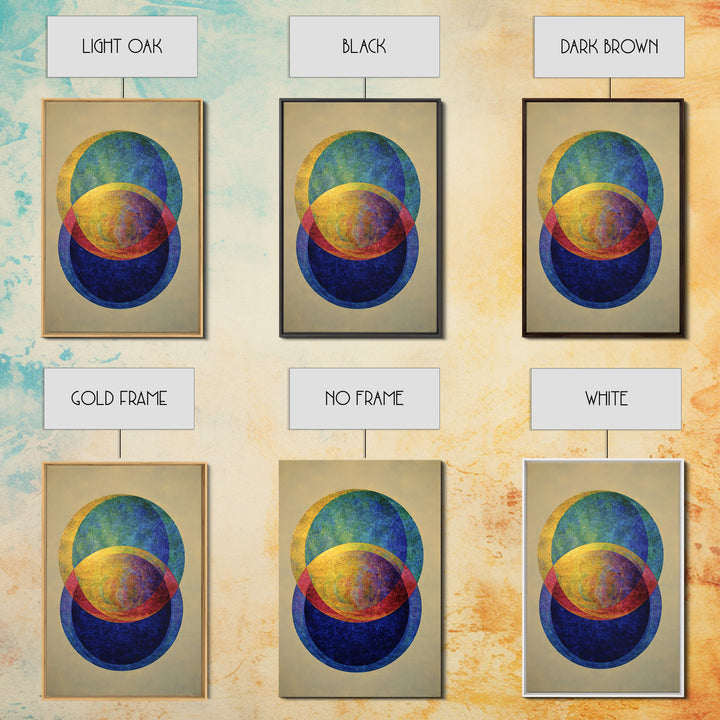Overlapping Circle Geometry Framed Canvas Print, Mid Century Modern Abstract Wall Art, Colorful Bauhaus Decor, Textured Poster