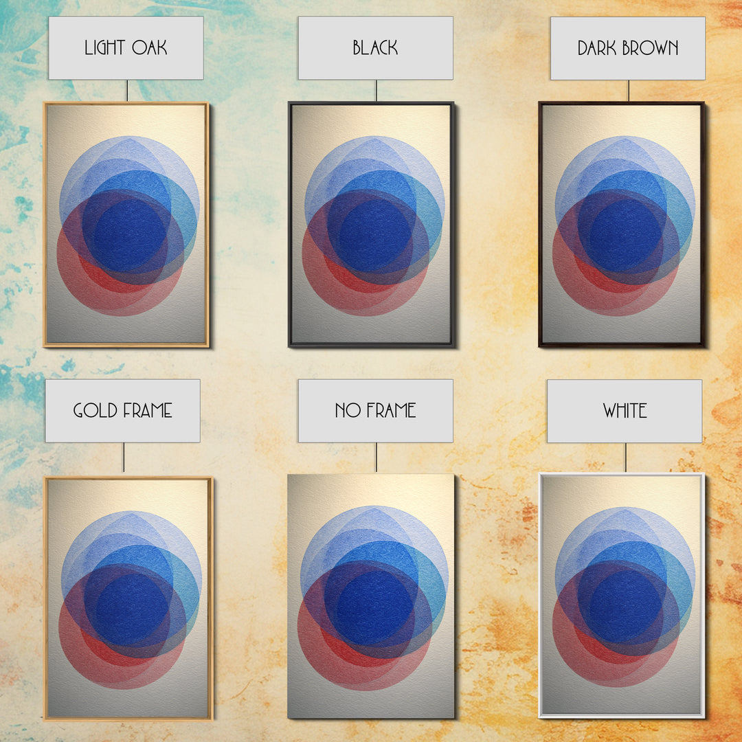 Soft Blue Red Overlapping Circles Framed Canvas Print, Minimalist Midcentury Modern Wall Art, Geometric Bedroom Decor, Blue Art Print