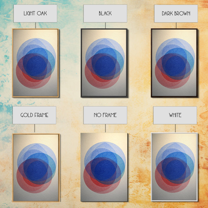 Soft Blue Red Overlapping Circles Framed Canvas Print, Minimalist Midcentury Modern Wall Art, Geometric Bedroom Decor, Blue Art Print
