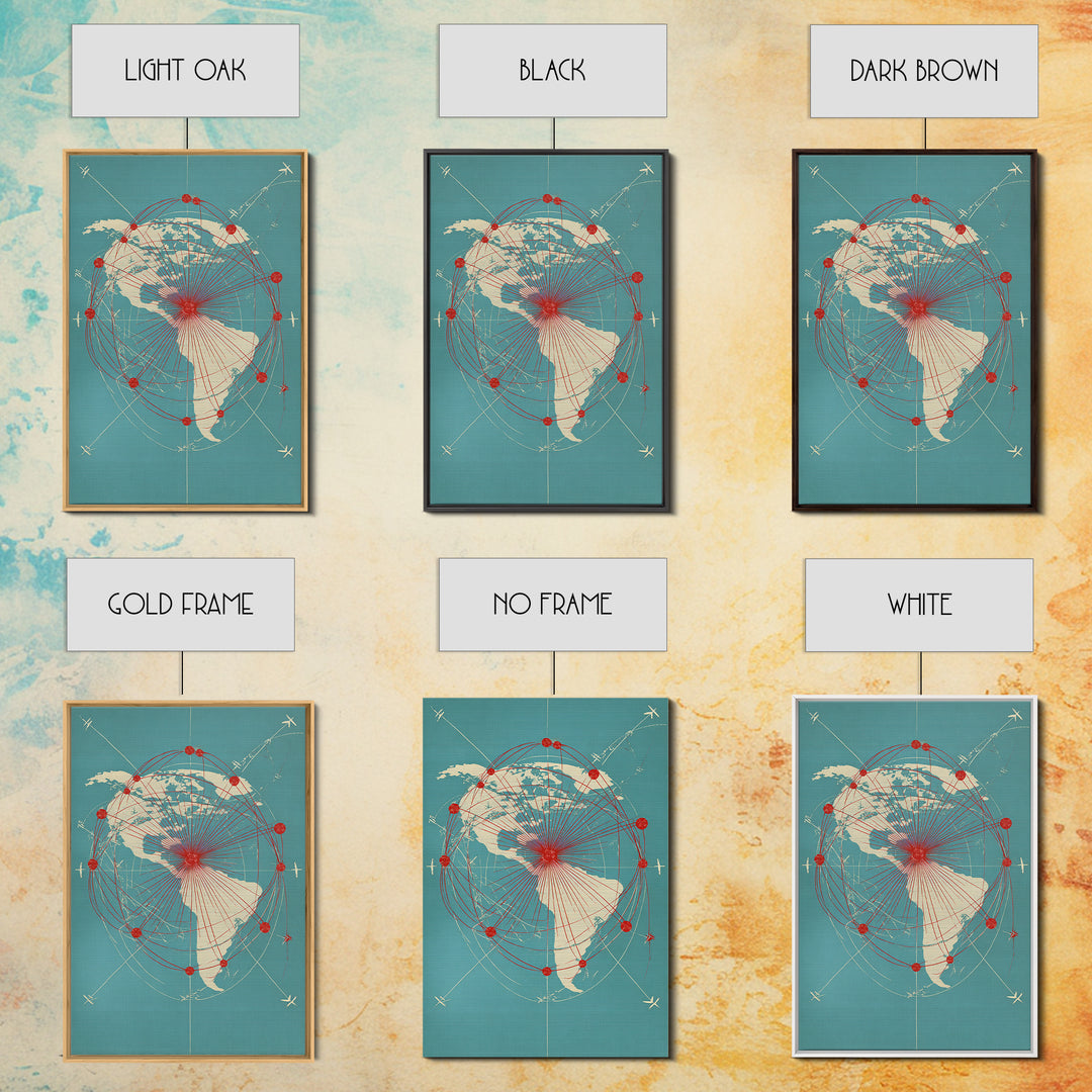 Retro Americas Flight Route Map Canvas Print, Midcentury Modern Travel Wall Decor, Teal Red Atomic Aviation Poster For Office