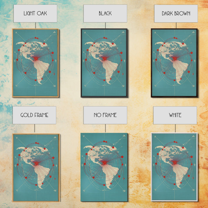 Retro Americas Flight Route Map Canvas Print, Midcentury Modern Travel Wall Decor, Teal Red Atomic Aviation Poster For Office