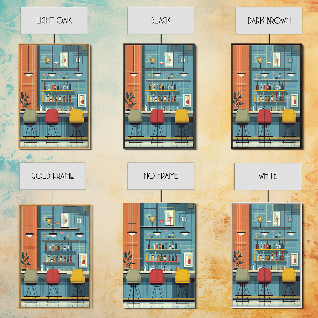 Colorful Retro Cocktail Bar With Three Chairs Canvas Print, Midcentury Modern Wall Decor, Bar Cart Art, Kitchen Poster Gift