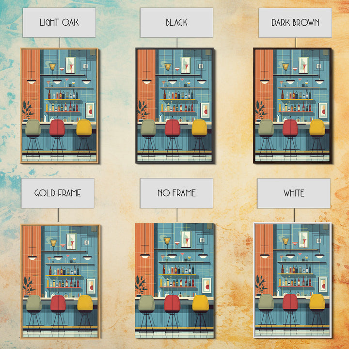 Colorful Retro Cocktail Bar With Three Chairs Canvas Print, Midcentury Modern Wall Decor, Bar Cart Art, Kitchen Poster Gift