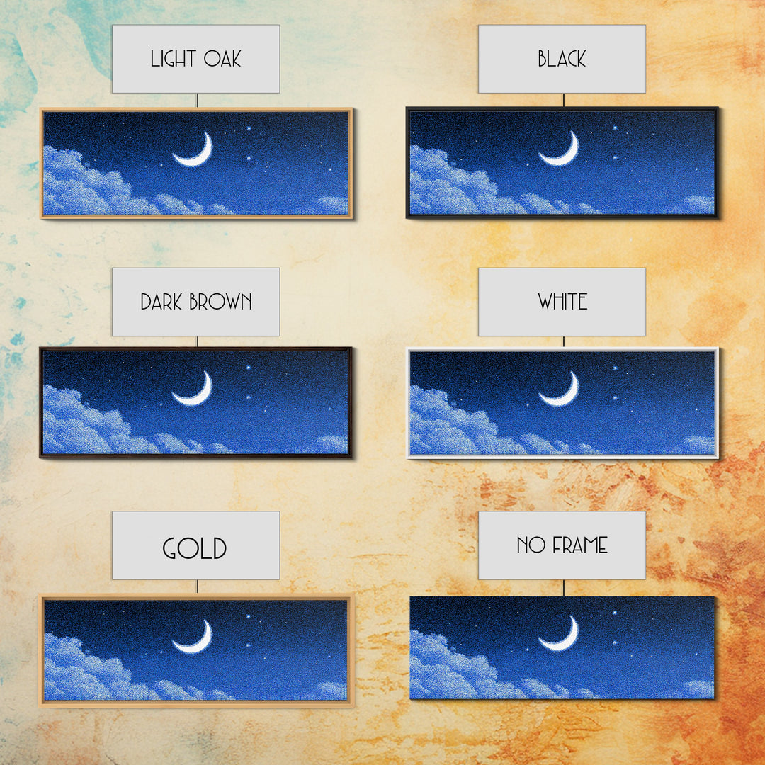 Glowing Crescent Moon And Cloud Wall Art, Blue Starry Sky Canvas, Mystical Celestial Decor, Boho Nursery Bedroom Art Print Gift