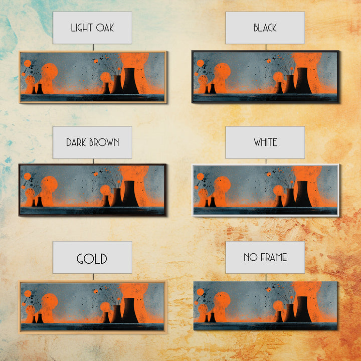 Orange Atomic Cooling Towers At Dusk Wall Art, Midcentury Modern Industrial Landscape, Retro Abstract Power Plant Decor Print