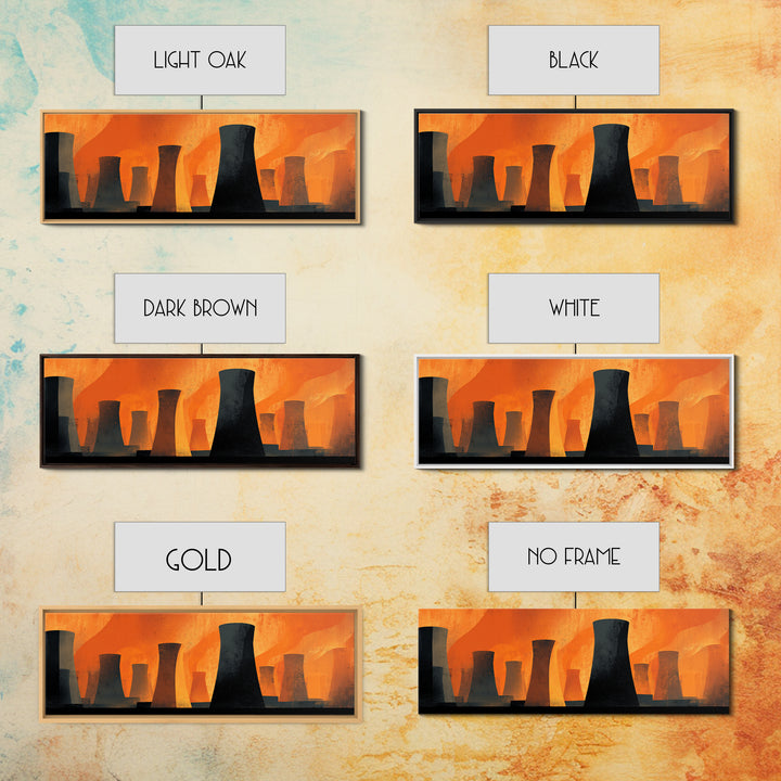 Black Cooling Tower Silhouettes In Orange Heat Canvas Print, Midcentury Modern Industrial Wall Art, Bold Atomic Decor Poster