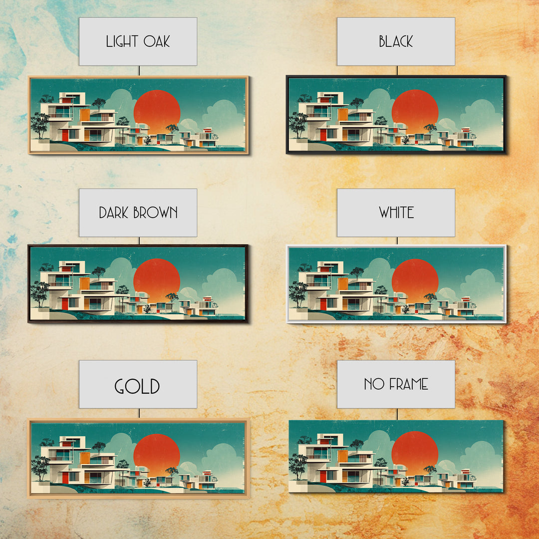 Modernist White Villas With Orange Sun Wall Art, Mid Century Modern Architecture, Palm Springs Decor, Teal Panoramic Print