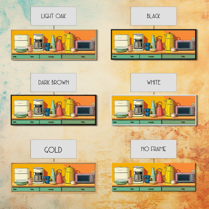Orange Countertop Coffee Appliances Wall Art, Mid Century Modern Kitchen Print, Retro Toaster Kettle Decor, MCM Poster Print