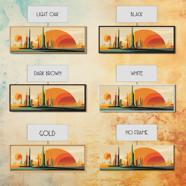 Futuristic Desert Skyline Canvas Print, Mid Century Modern Wall Art, Orange Sun Abstract Cityscape, Retro Sci Fi Poster Decor
