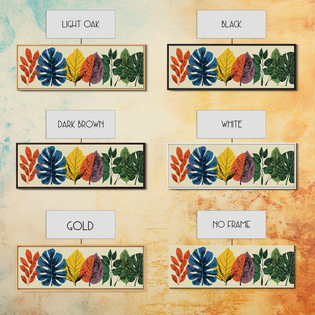 Colorful Tropical Leaf Row Framed Canvas Print, Midcentury Modern Botanical Wall Art, Retro Home Decor, Bold Nature Poster
