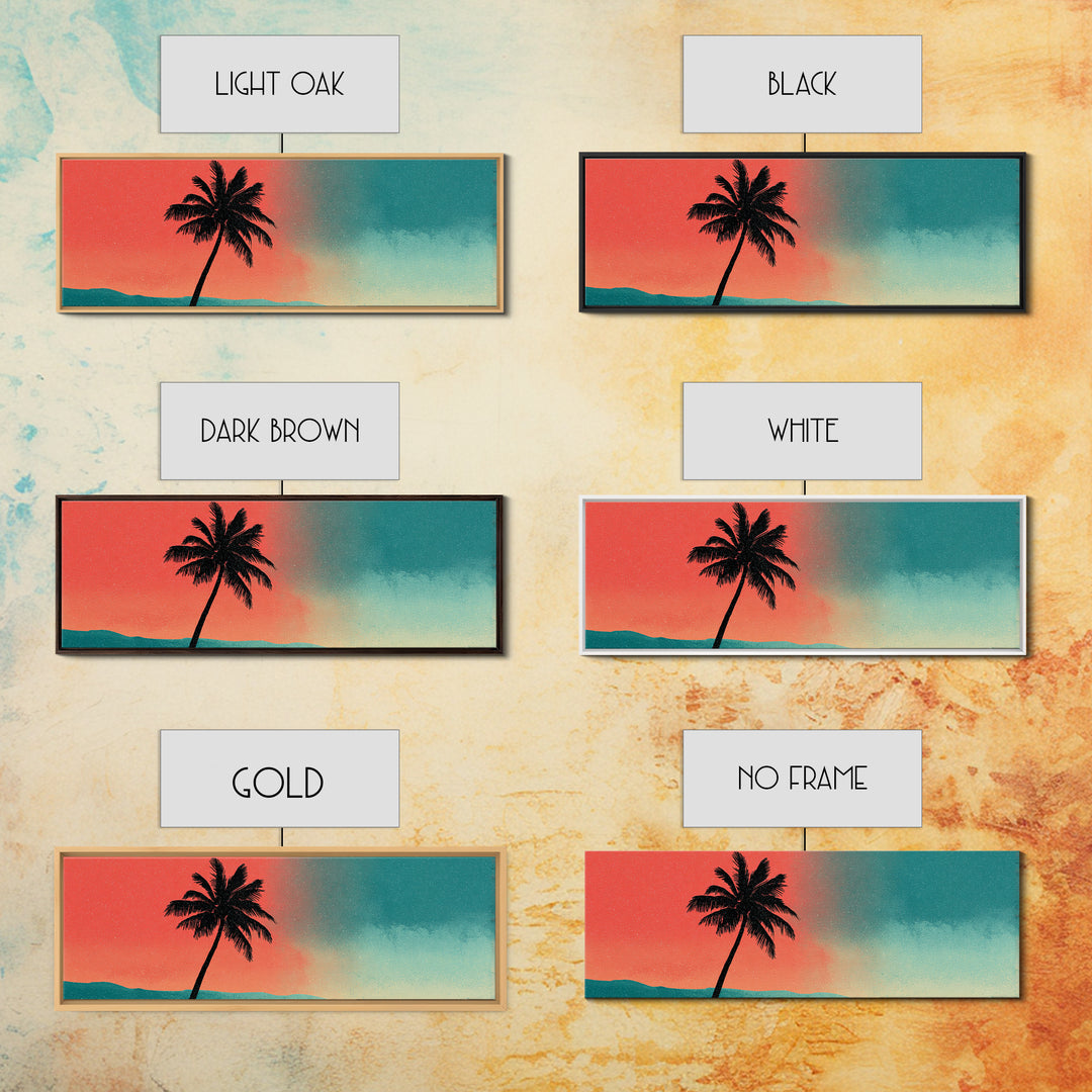 Leaning Palm Teal Coral Sky Wall Art, Retro Desert Landscape Print, Mid Century Modern Decor, Tropical California Poster