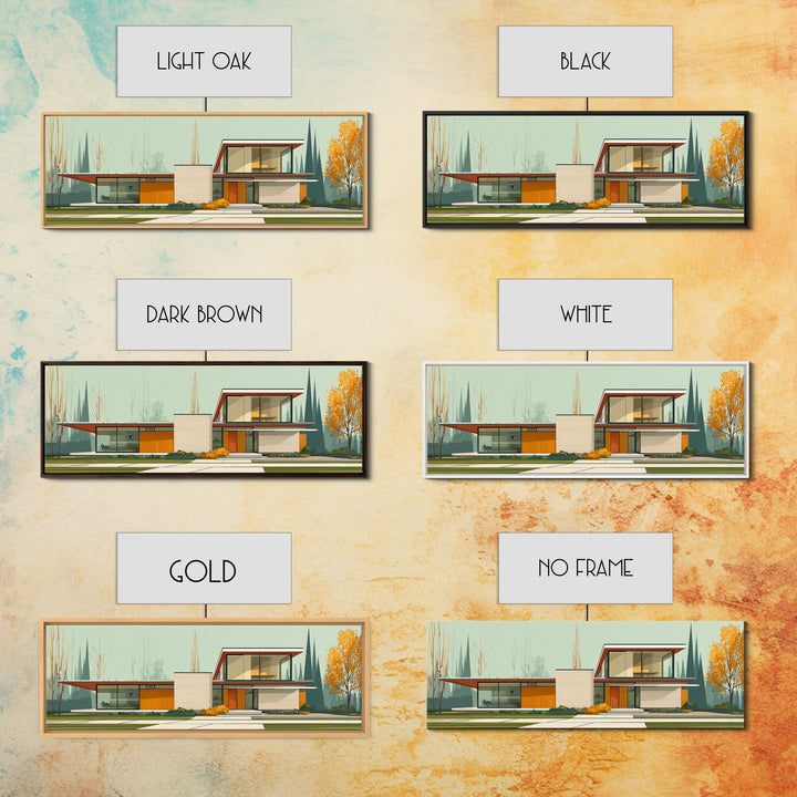Midcentury Glass House Autumn Landscape Wall Art, Modern Architecture Print, MCM Decor, Retro Home Decor, Large Canvas Print