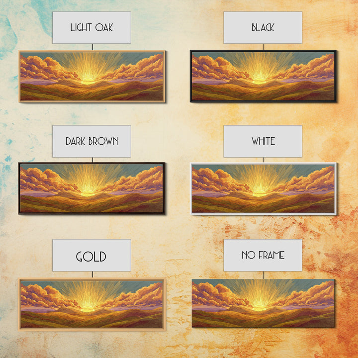 Golden Sunrise Over Desert Valley Framed Canvas Print, Retro Landscape Wall Art, Midcentury Modern Decor, Warm Boho Poster