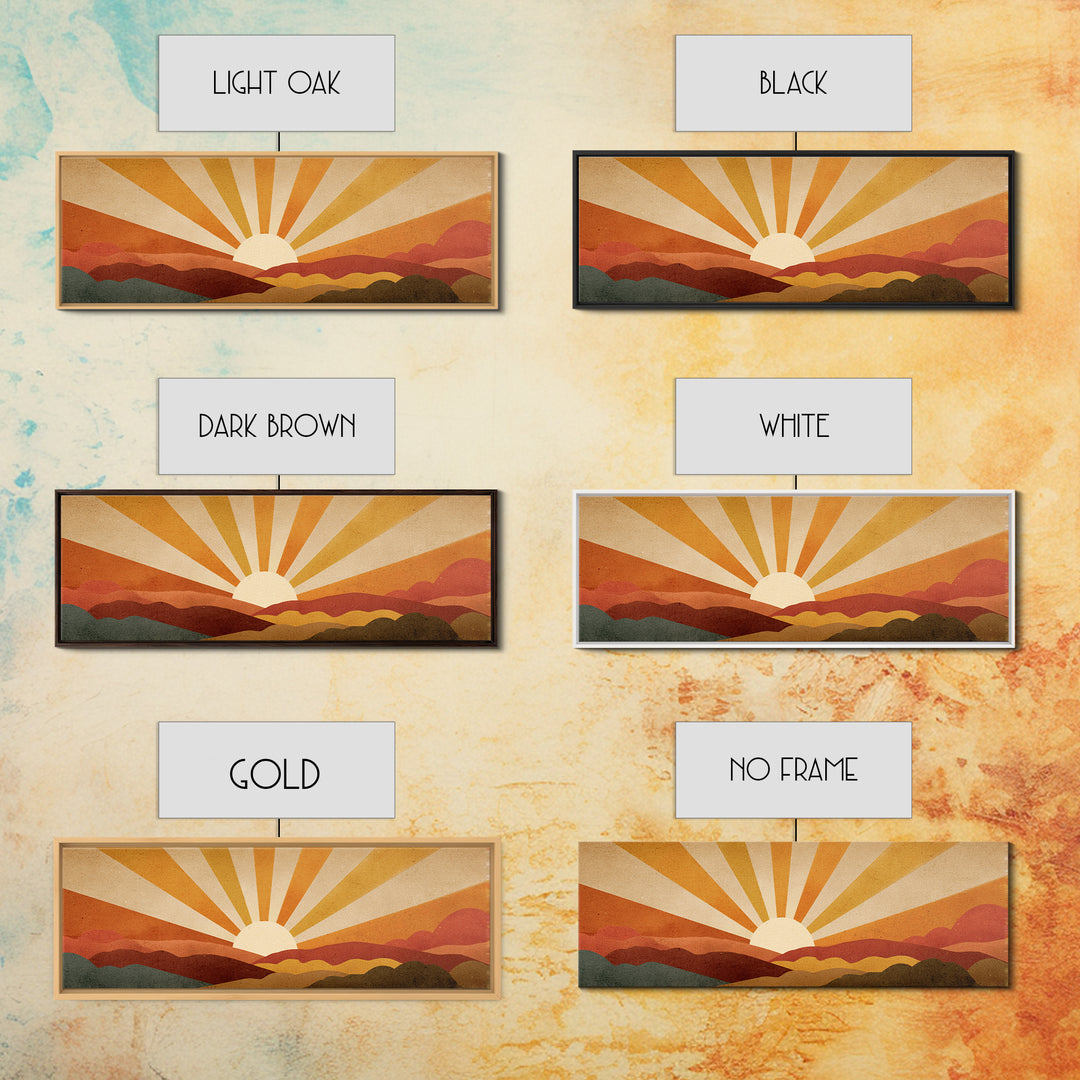 Warm Orange Sun Rays Over Abstract Hills Wall Art, Midcentury Modern Print, Retro Desert Decor, Minimalist Canvas Poster
