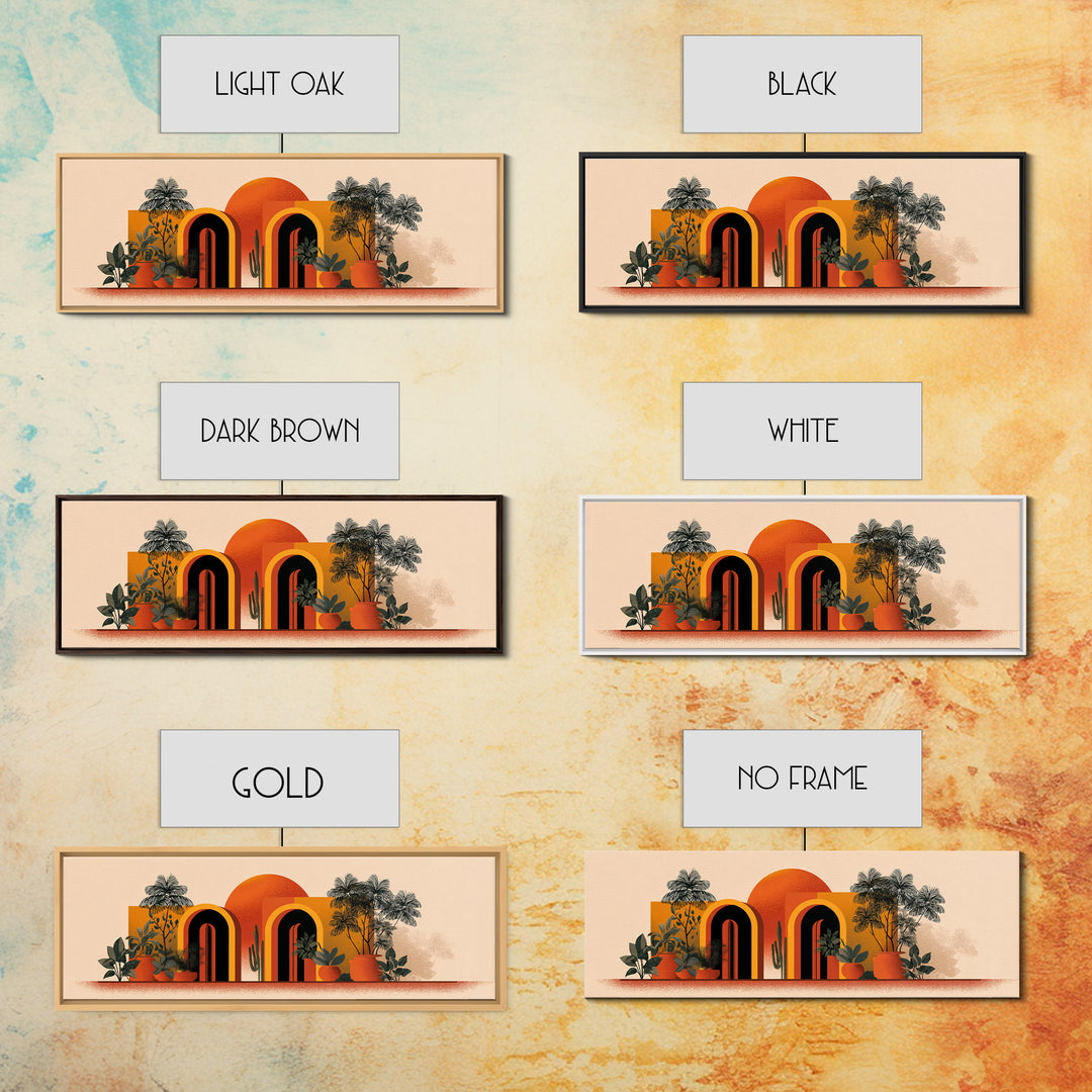 Potted Plants With Orange Sun And Rainbow Arched Doors Wall Art, Mid Century Modern Botanical Decor, MCM Desert Poster Print
