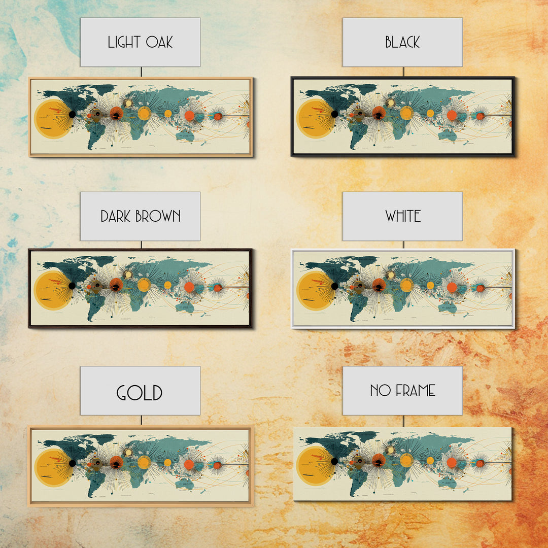 Solar System World Map Wall Art, Midcentury Modern Space Poster, Retro Planetary Lines Framed Canvas Print, Office Decor