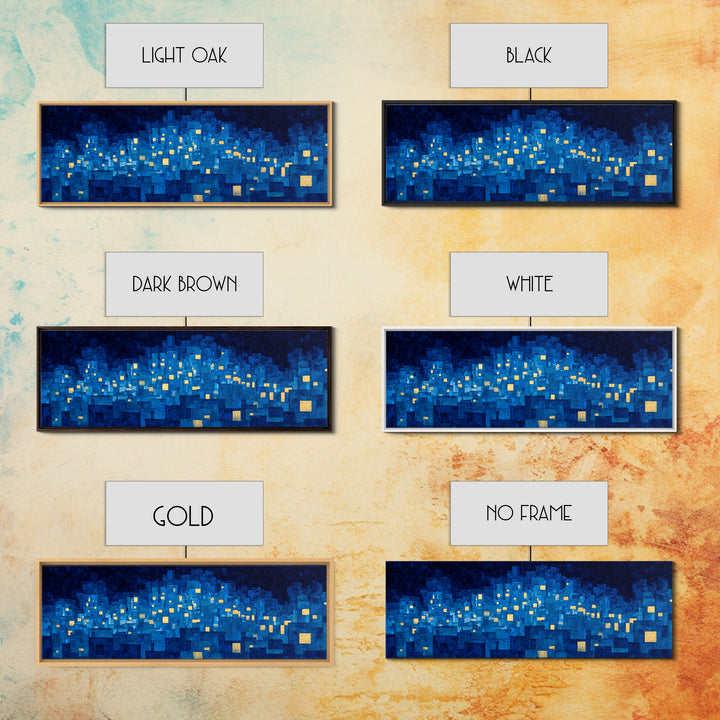 Mosaic Blue City Night Wall Art, Modern Abstract Art Print, Urban Skyline Lights, MCM Wall Decor, Large Living Room Artwork