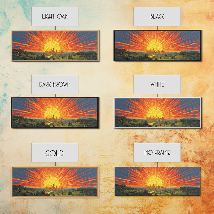 Fiery Solar Cityscape Canvas Print, Panoramic Apocalypse Sunset Poster, Bold Modern Abstract Art, Orange Wall Decor For Home