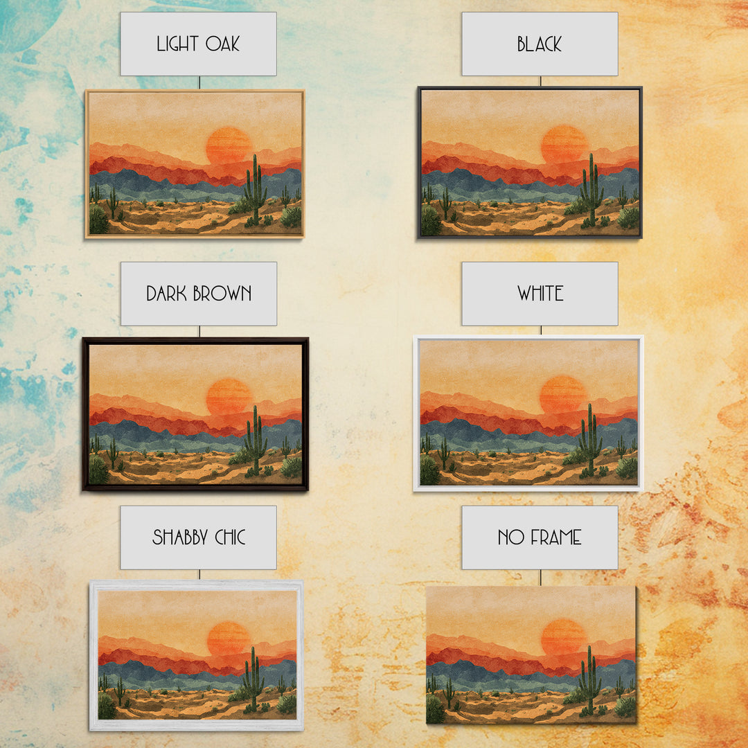 Textured Desert Mountains Wall Art, Orange Sunset Cactus Print, Midcentury Modern Landscape, Southwestern Living Room Decor