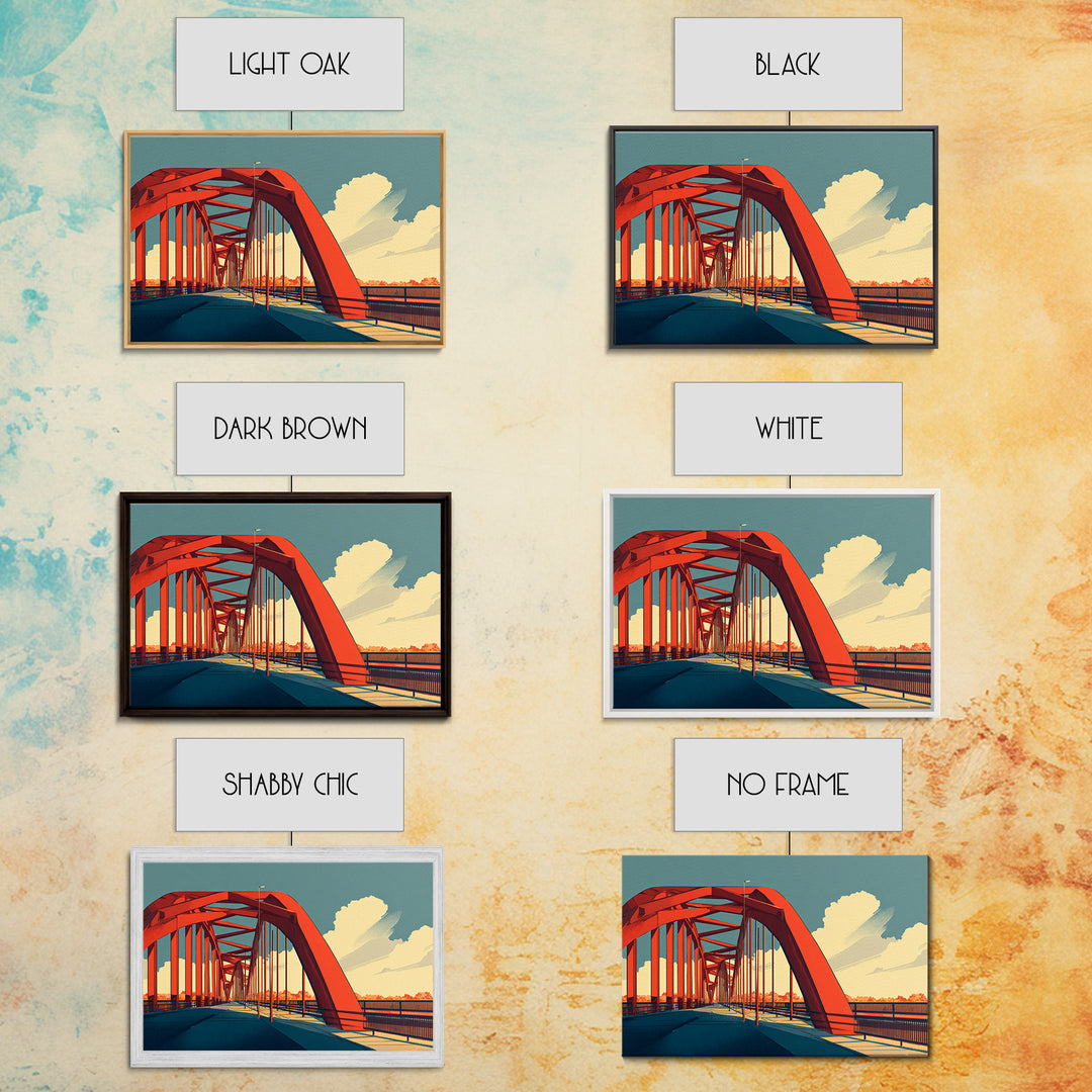 Red Steel Arch Bridge Canvas Print, Sunset Architecture Wall Art, Midcentury Modern Poster, Office Decor, Travel Print Gift