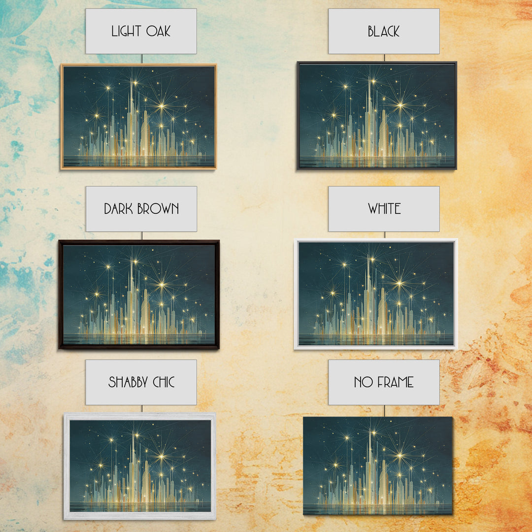 Golden Art Deco Skyline Wall Art, Firework Starburst Cityscape Canvas Print, Teal Modern Decor, Living Room Poster Gift