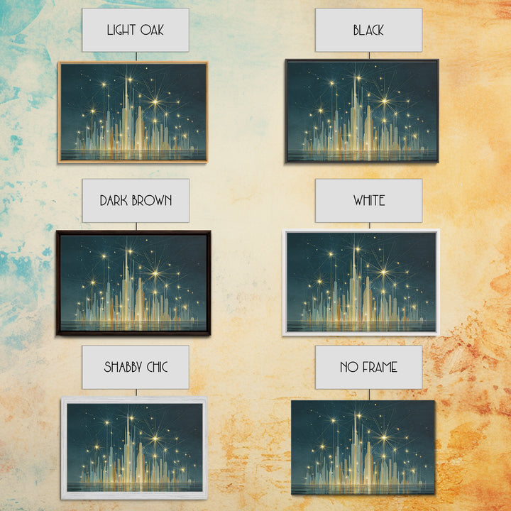 Golden Art Deco Skyline Wall Art, Firework Starburst Cityscape Canvas Print, Teal Modern Decor, Living Room Poster Gift